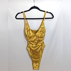 Gold Satin Deep V Neck Sleeveless Bodysuit